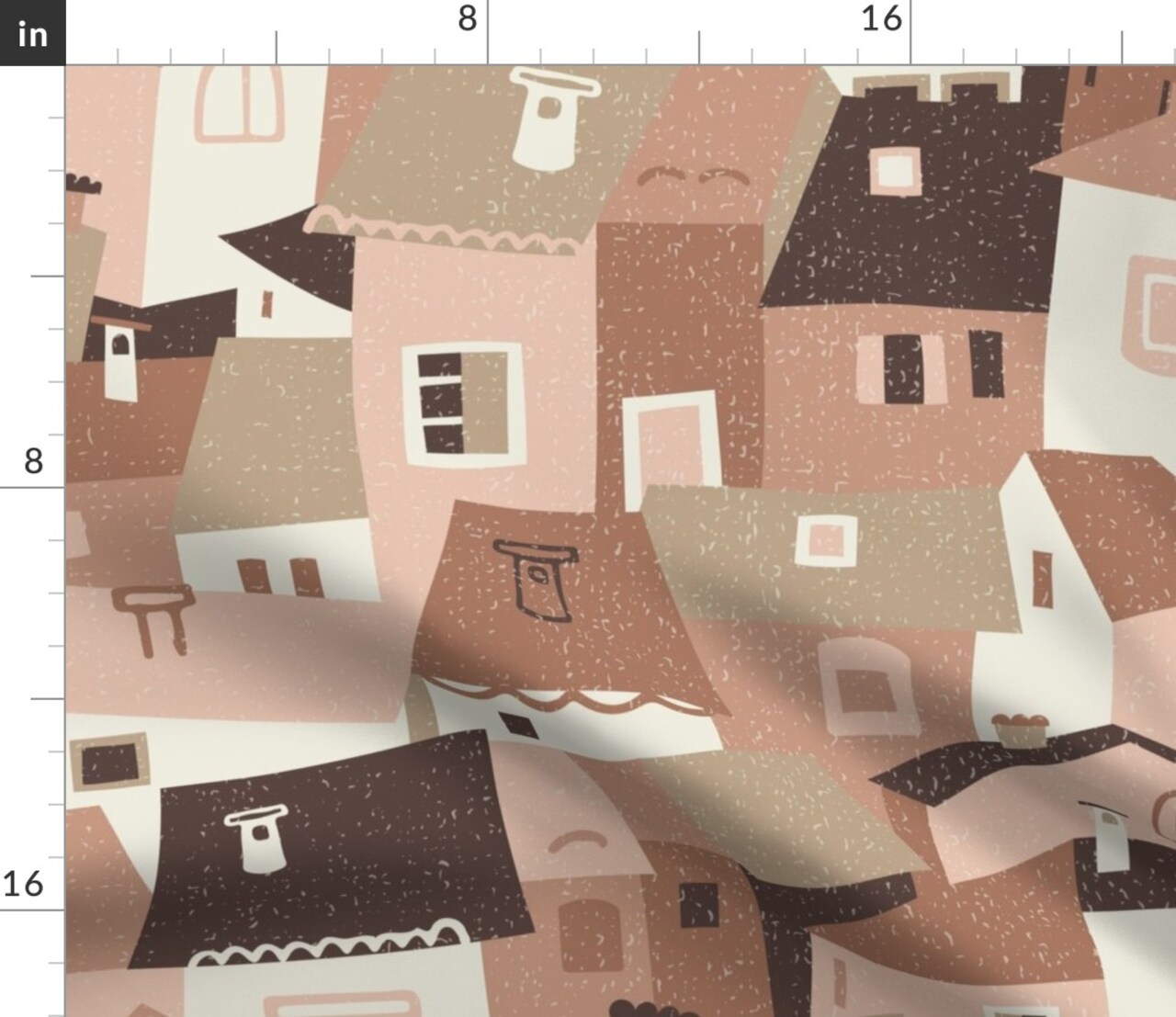 Whimsical Houses Rooftops Abstract Village Monochromatic Town Achitectural Earth Tone Cute Large Scale Custom Printed Fabric by Spoonflower Various Fabrics by the Yard or Fat Quarter